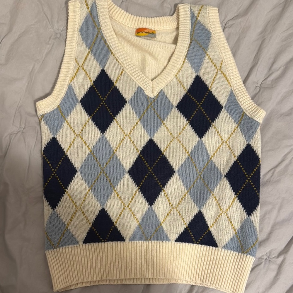 Cream and Blue Argyle V-Neck Sweater Vest